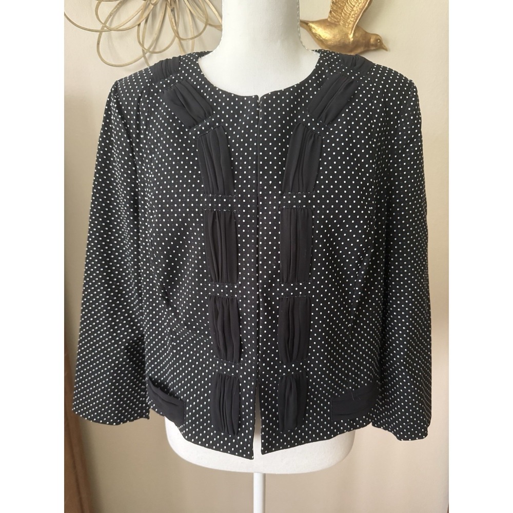 CAbi‎ Womens Blazer Size 12 Black White Dot Cropped Jacket Pleated